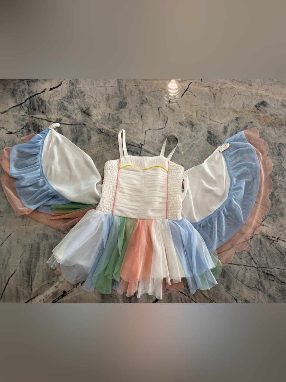 Stella McCartney Kids White Dress with Pastel Rainbow Tulle and removable wings